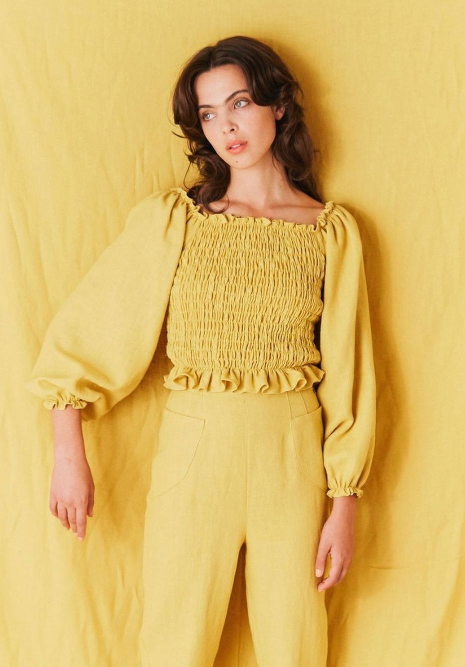 SOLD* Samantha Pleet 100% Linen Daisy Blouse Smocked Balloon Sleeve Ruffle Top